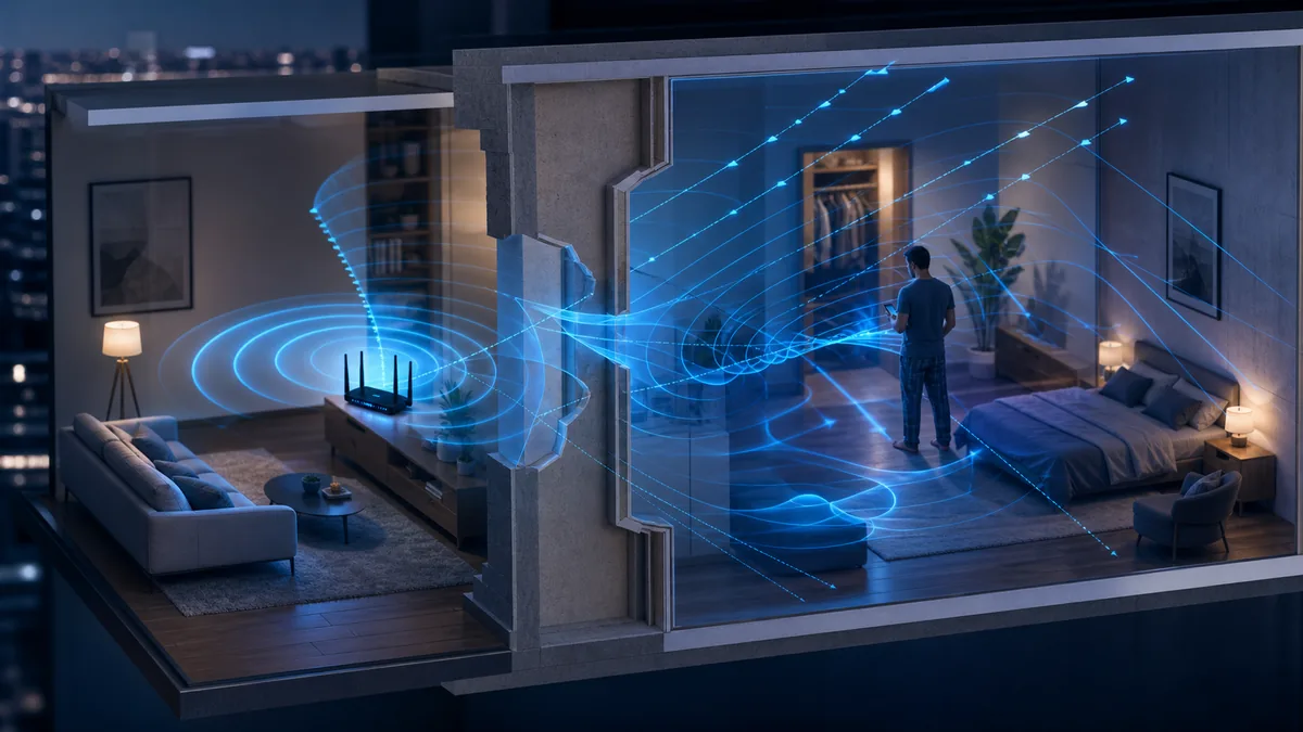 Coupe d’un logement montrant des trajets WiFi traversant et réfléchissant sur une cloison