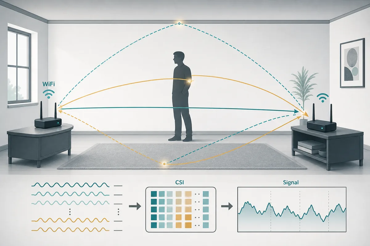 Editorial diagram of WiFi Channel State Information paths and CSI signal traces in a room