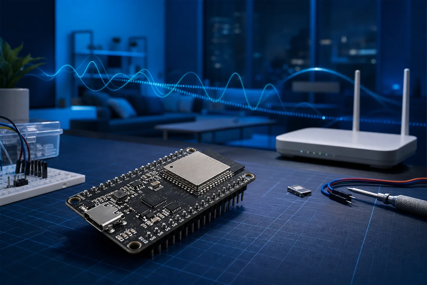 ESP32-S3 connected to a laptop while CSI traces respond to movement in a room