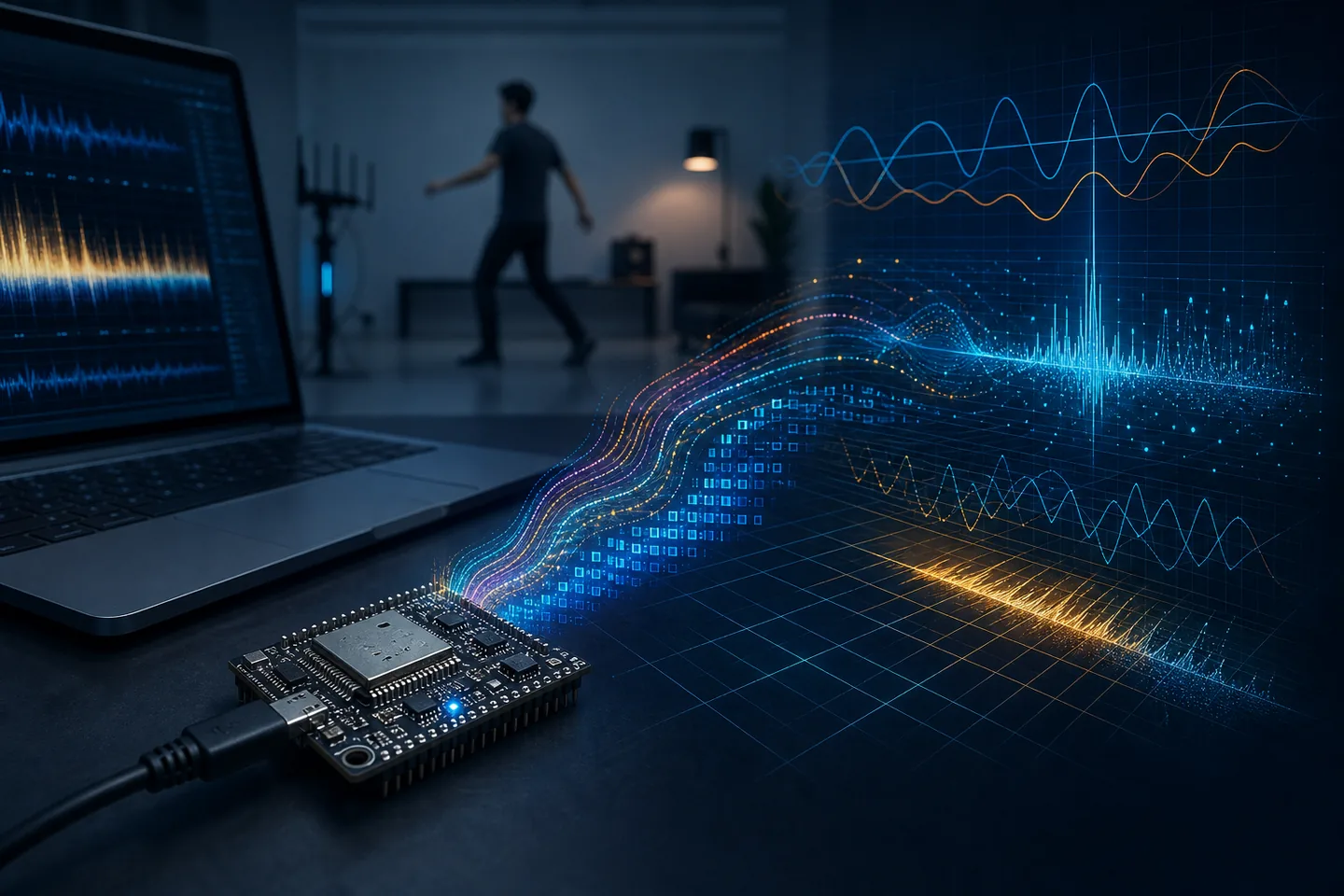 ESP32-S3 connected to a laptop while CSI traces respond to movement in a room