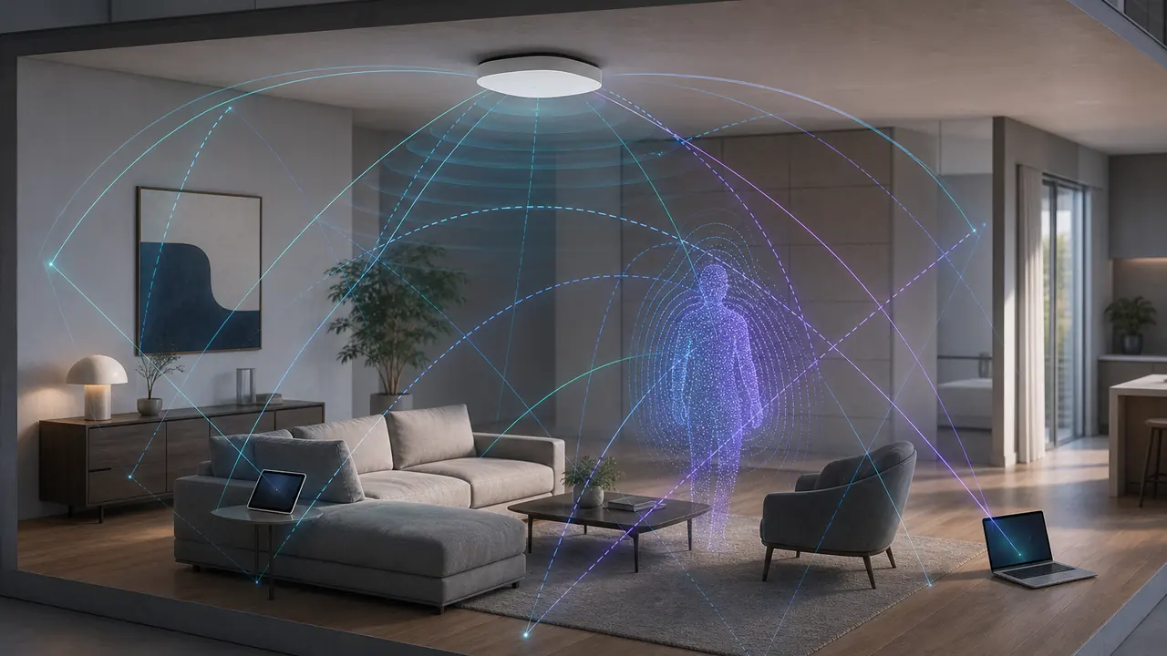 Editorial illustration of IEEE 802.11bf Wi-Fi sensing using multipath signals to infer human presence