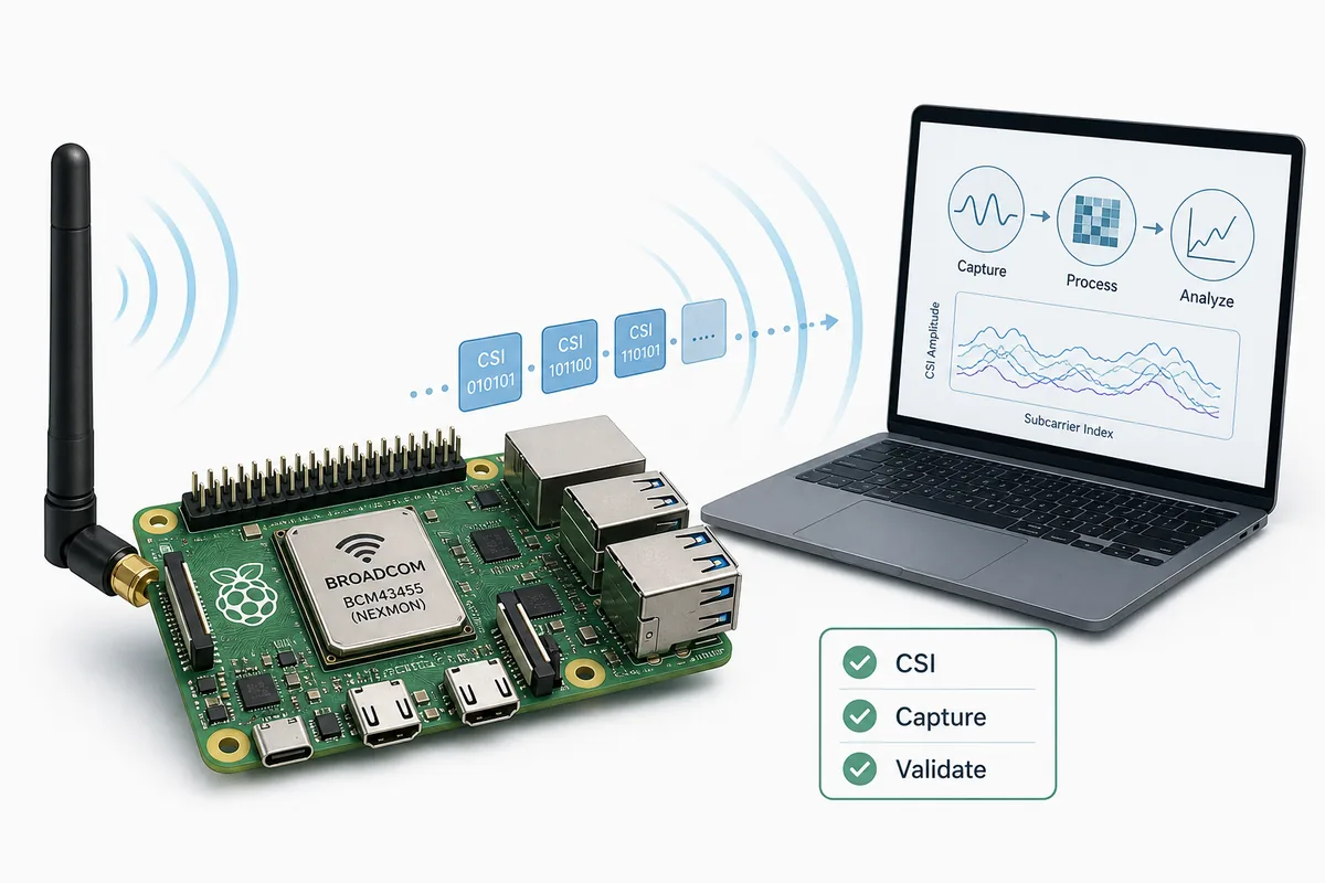 Schema editorial du parcours de capture Nexmon CSI depuis du materiel WiFi Broadcom vers la validation