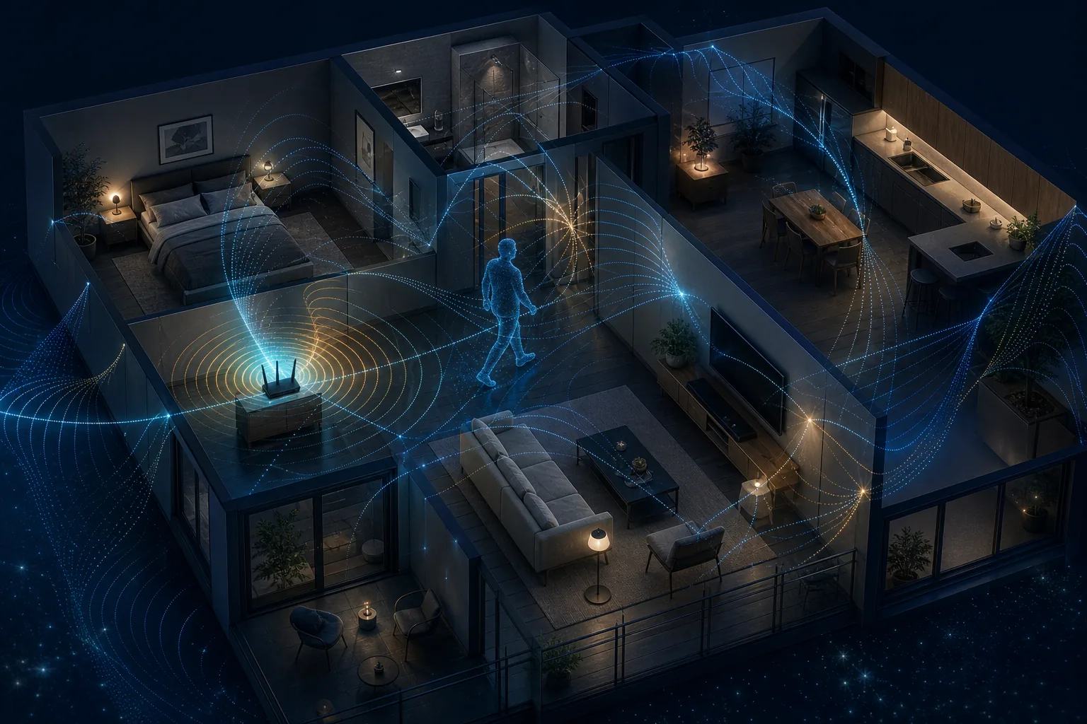 Cutaway home showing WiFi radio paths interacting with rooms, walls, furniture, and a walking person