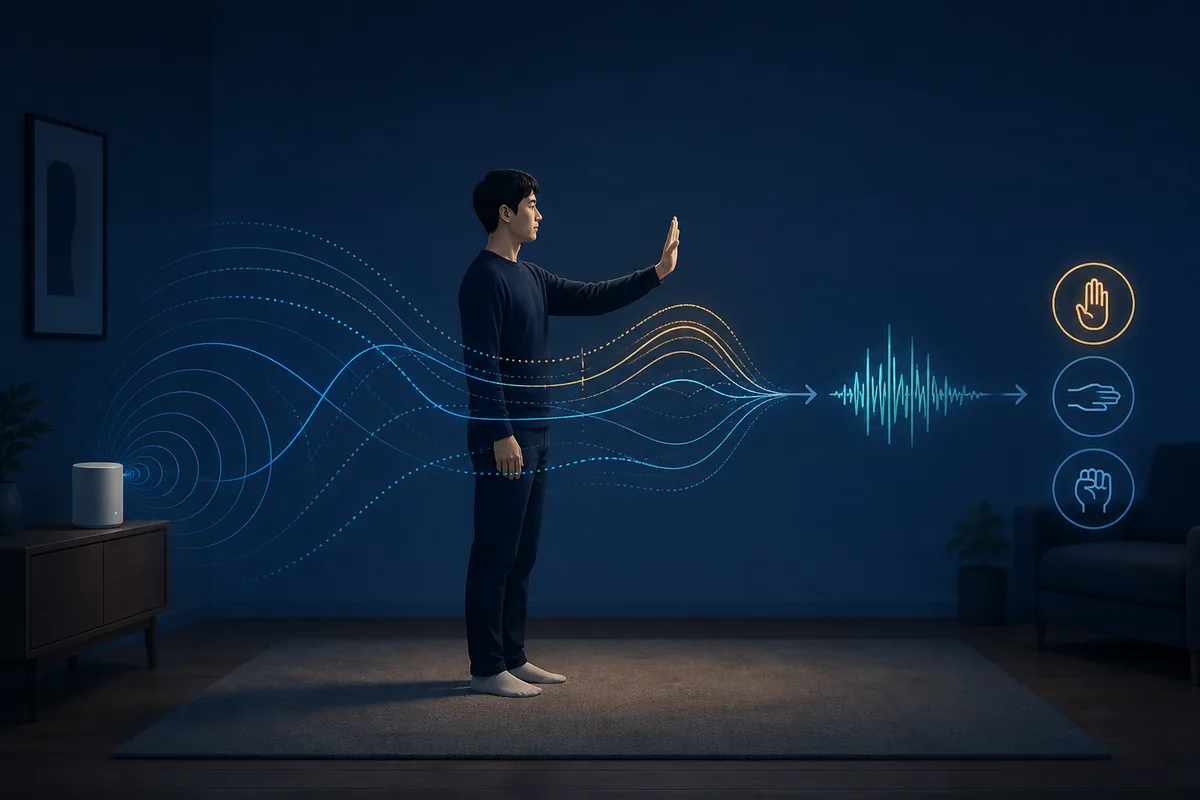 Una persona esegue un gesto mentre il segnale WiFi diventa una forma d'onda CSI e classi di gesti