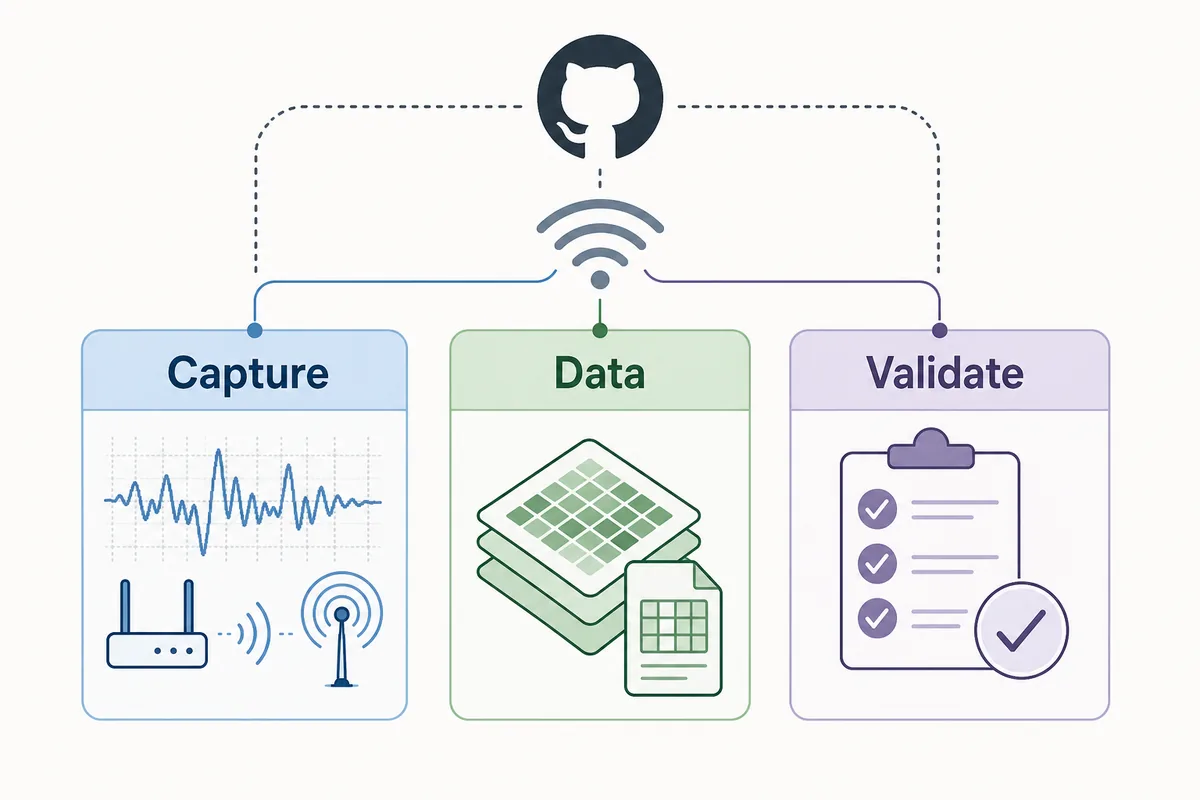 캡처 데이터 검증 계층으로 오픈소스 WiFi CSI sensing 프로젝트를 고르는 편집 체크리스트 그래픽