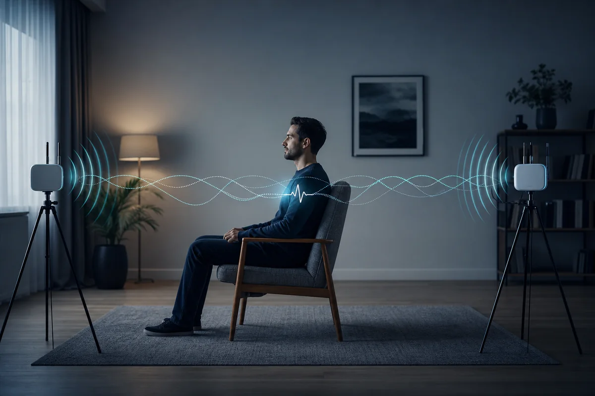 Sitzende Person zwischen WLAN-Sender und Empfänger mit Reflexionen kleinster Brustbewegungen