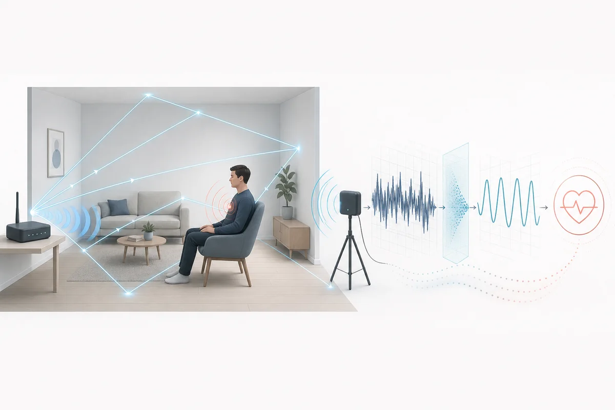 WLAN-Herzfrequenz-Workflow von Raumreflexionen über CSI-Bereinigung bis zur neutralen Schätzung
