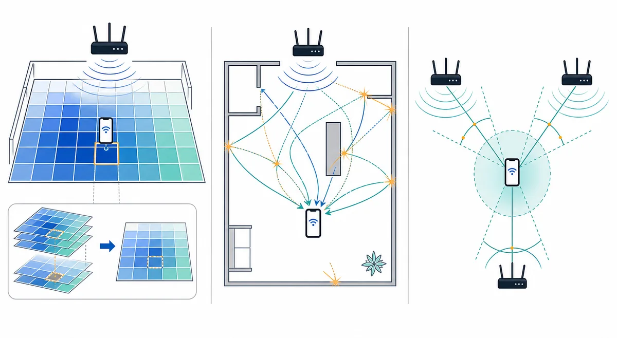 RSSI 핑거프린팅, CSI multipath, 각도 또는 시간 기반 WiFi 측위 비교도