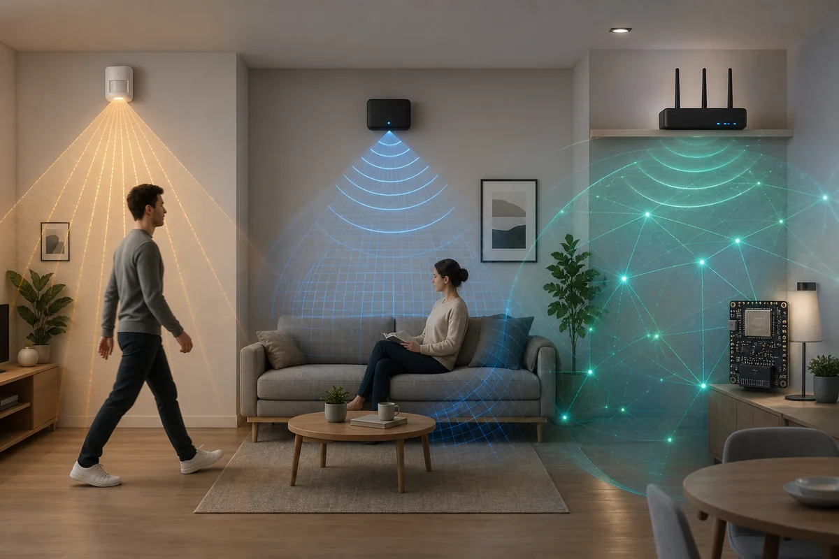 歩く人と座る人を対象にPIR、ミリ波、WiFi CSIの検知方法を比較した室内図