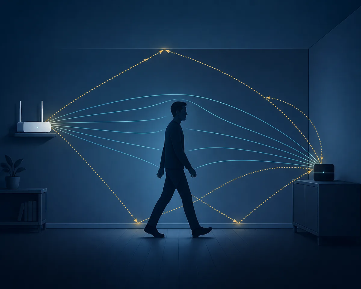 A person walking between a WiFi access point and a CSI receiver while radio paths change across a room