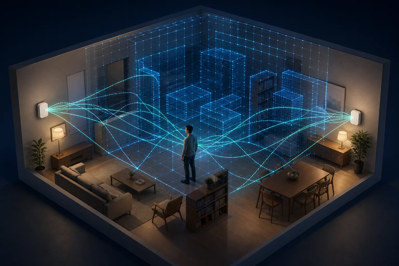 Conceptual isometric room with wireless nodes, radio paths, and a blue spatial grid for WiFi room mapping