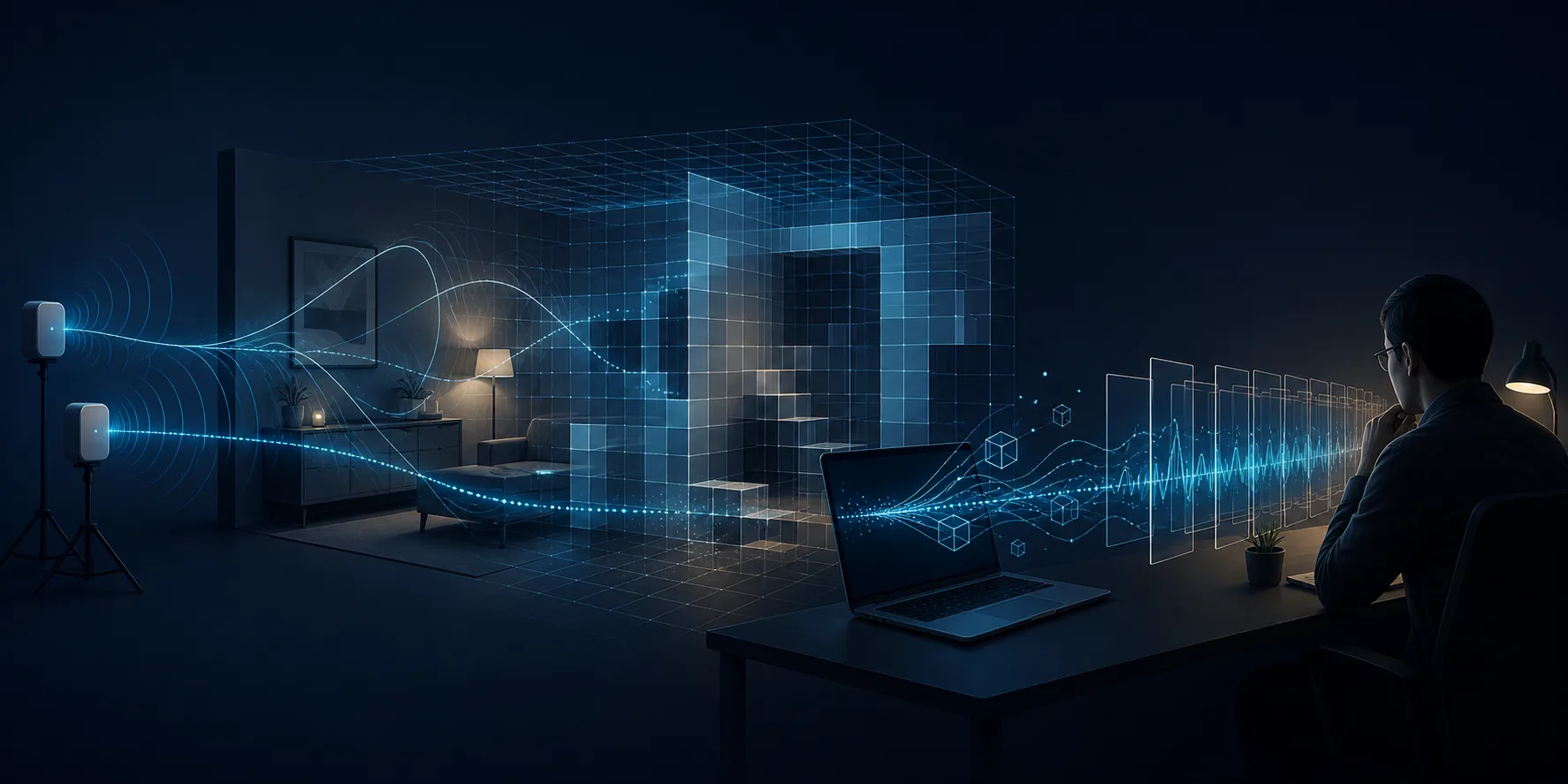 Conceptual WiFi room mapping workflow from wireless signals to a spatial grid and repeated validation