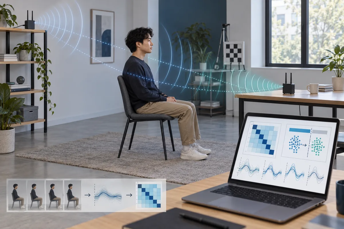 Illustrazione editoriale di ricerca con nodi WiFi, percorsi radio, tracce CSI e una matrice di validazione su un portatile