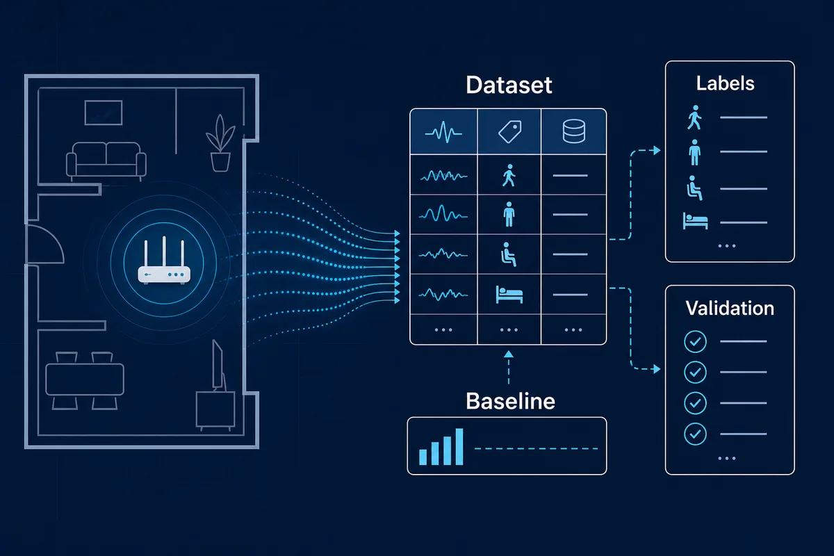 방에서 나온 WiFi sensing 데이터가 라벨, 기준선, 검증으로 이어지는 인포그래픽