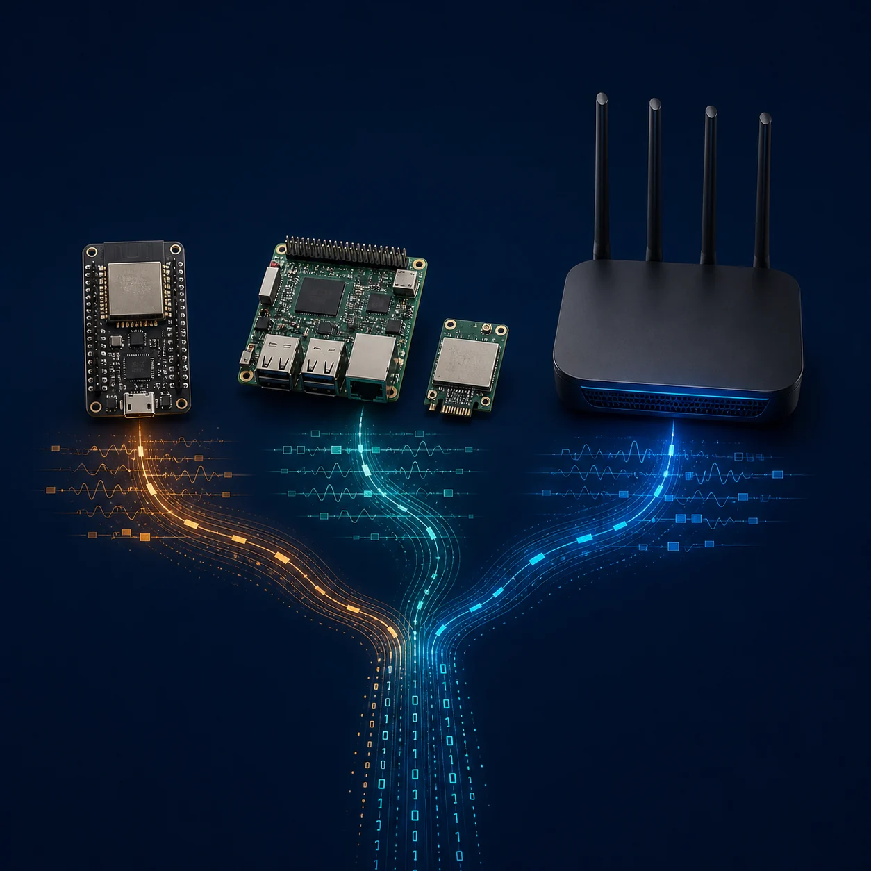 ESP32-Board, Edge-Computer, Funkmodul und Router als getrennte WiFi-Sensing-Hardwarepfade