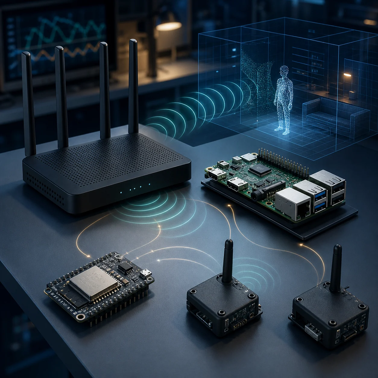 Router, ESP32-Board, Edge-Computer und Funkknoten für ein WiFi-Sensing-Experiment