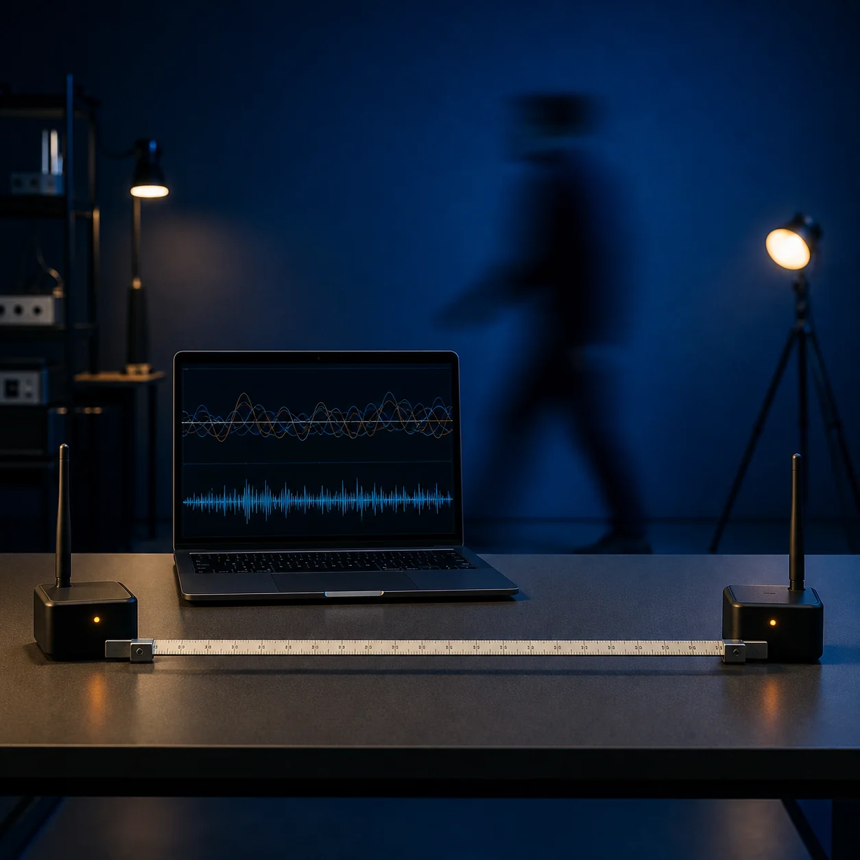 Zwei Funkknoten, Laptop-Wellenformen und eine gemessene Distanz in einem WiFi-Sensing-Validierungsaufbau