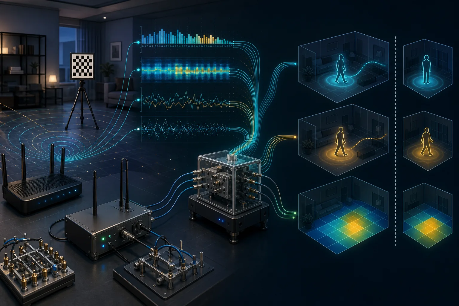 Editorial laboratory illustration of WiFi measurement, signal features, inference, and validation
