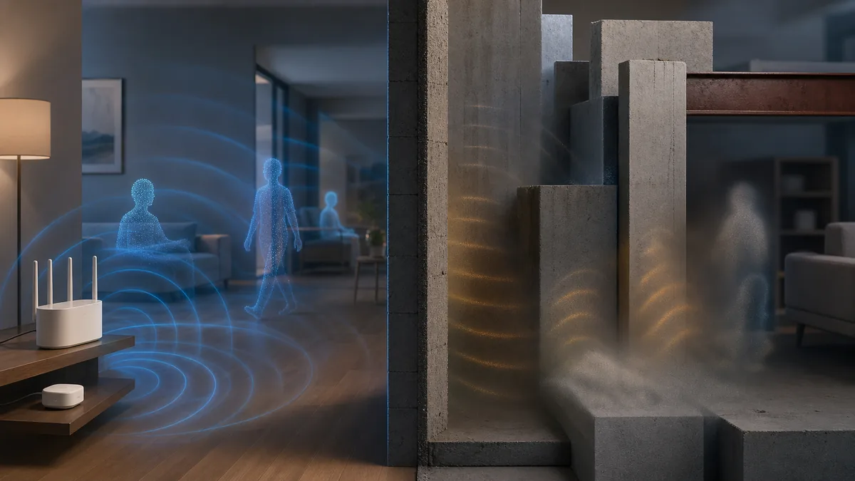 Illustration opposant détection WiFi grossière et perte de signal dans des matériaux denses