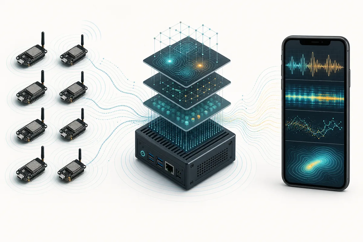 WiFi 노드, 서버, 모바일 앱 흐름을 보여 주는 편집용 다이어그램